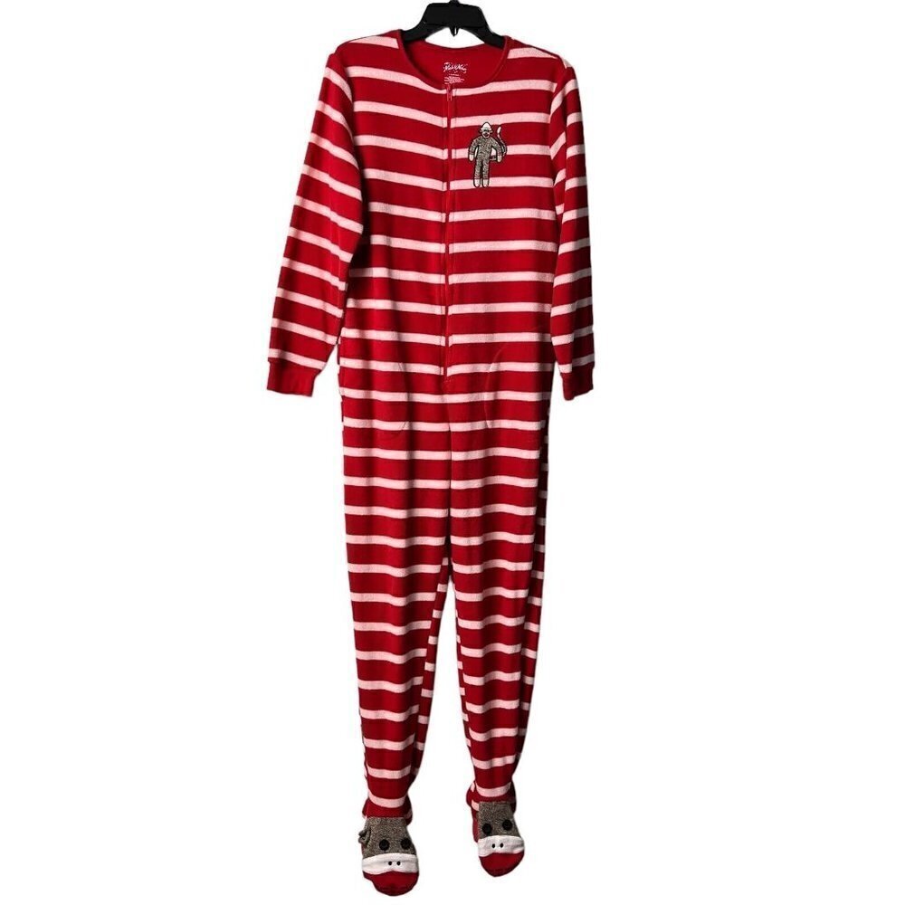Nick & Nora Womens Sock Monkey Pajamas One Piece Fleece Red White Stripe Small